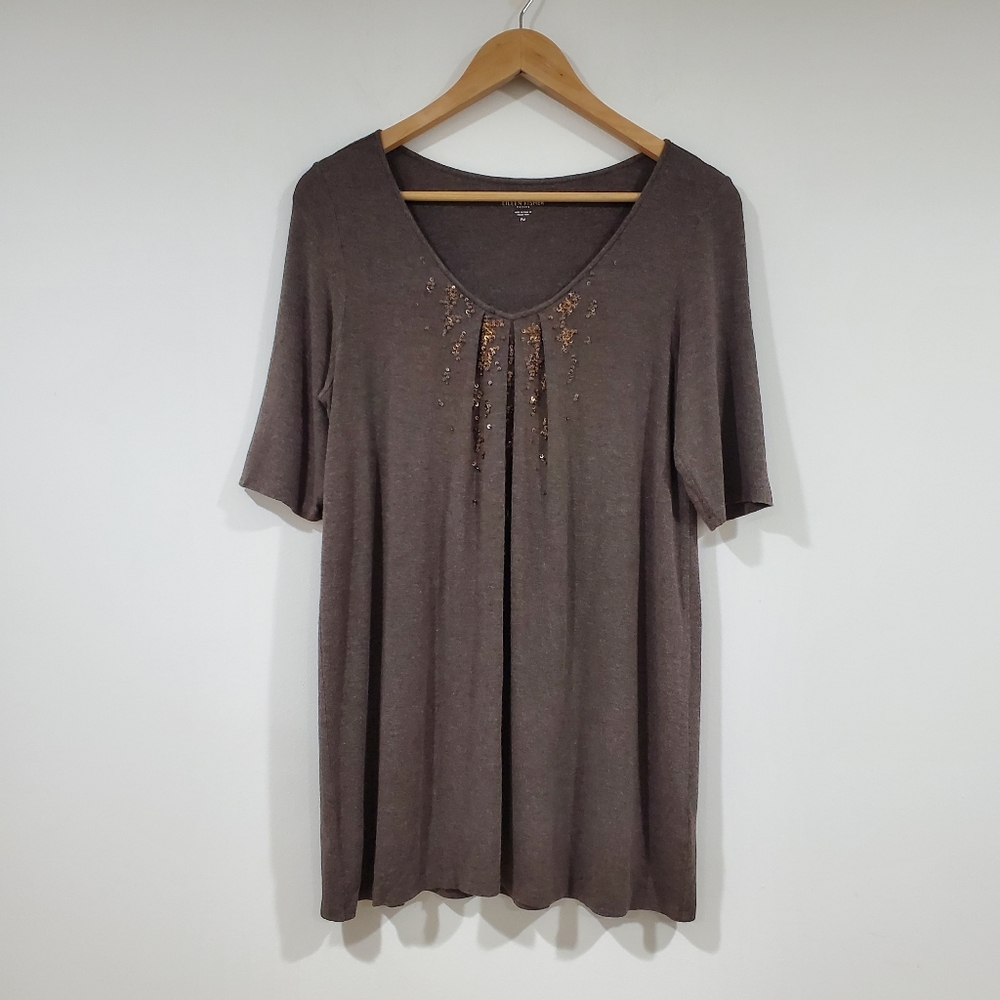 Eileen Fisher Sequin Detail Ruched Neck Top Women's Petite Size M